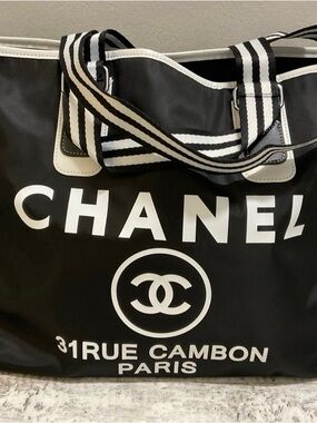 CHANEL Black and White Logo Tote with Striped Handles